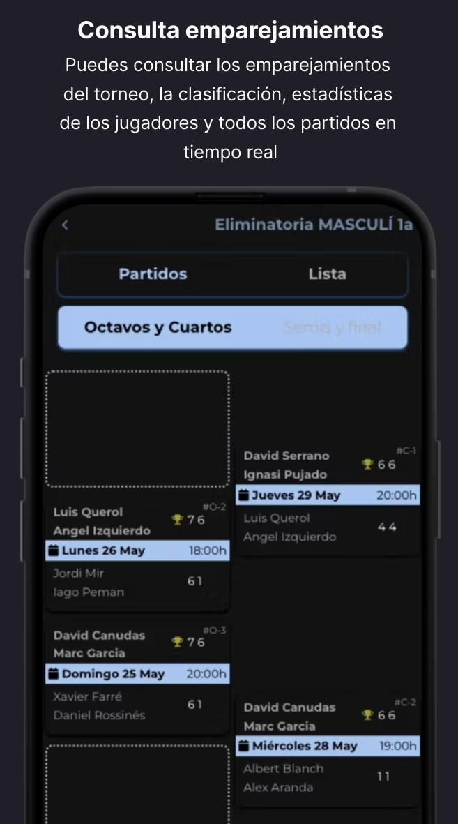 Pantalla de emparejamientos del jugador